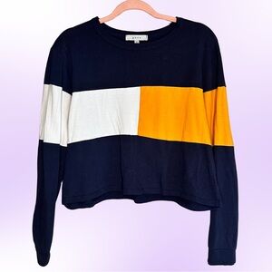 Gaze Women's Color Block Long Sleeve Crop Top Tee LARGE Blue/White/Yellow.